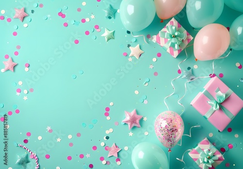 Birthday Party Flat Lay Background with Balloons, Gifts & Confetti