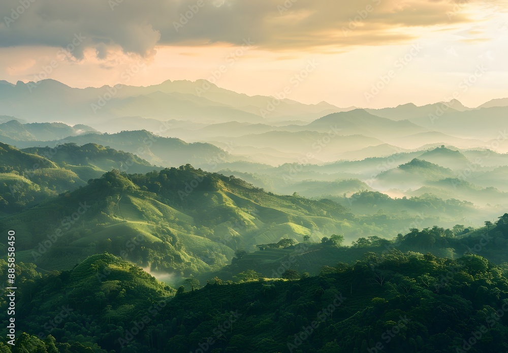 Fototapeta premium Sunrise Over Lush Green Mountains in Thailand