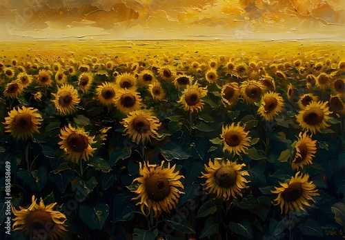 Van Gogh Style Sunset Sunflowers Field photo