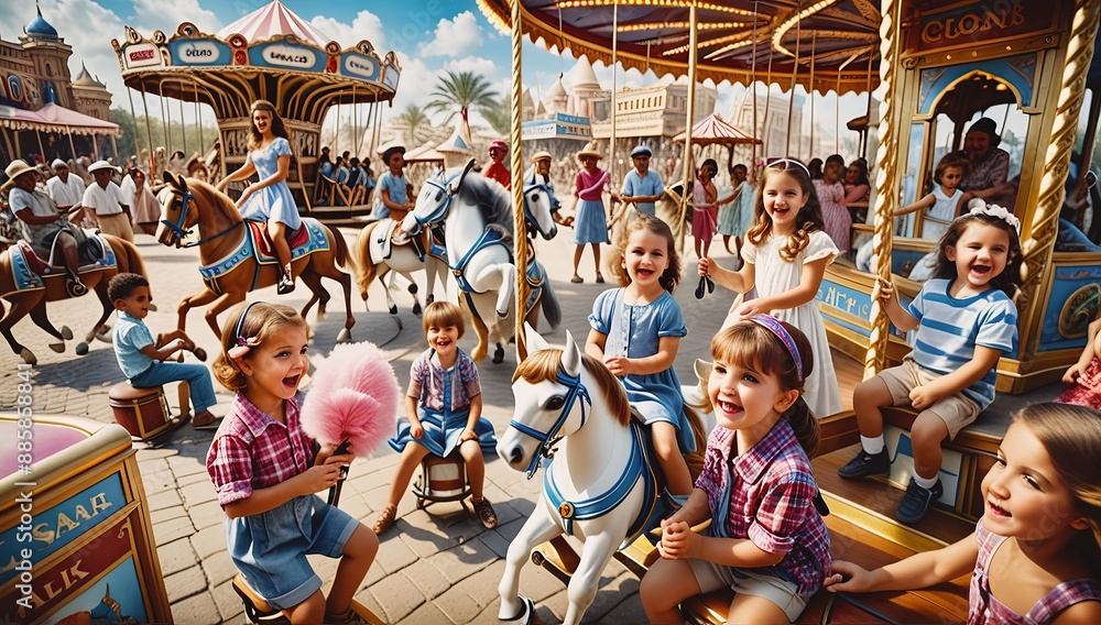 Niños divertidos en parque de diversiones, comiendo algodón de azúcar, en el carrusel Niños divertidos en parque de diversiones, comiendo algodón de azúcar, en el carrusel
