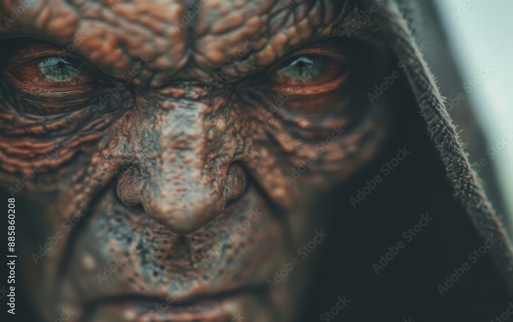 Visual representation of an alien with human features. Close-up of an alien's face with human features wearing a hood. Visual representation of an alien with human features. Close-up of an alien's face with human features wearing a hood.