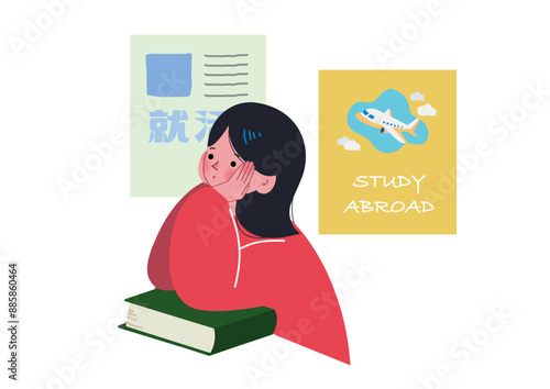 頬杖をついて進路について考える女の子のイラスト