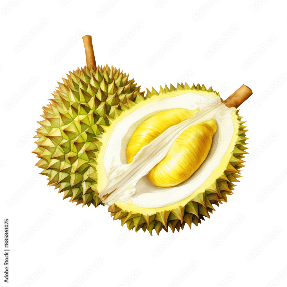 Fototapeta premium Watercolor Isolated One Whole and One Half Durian Fruit