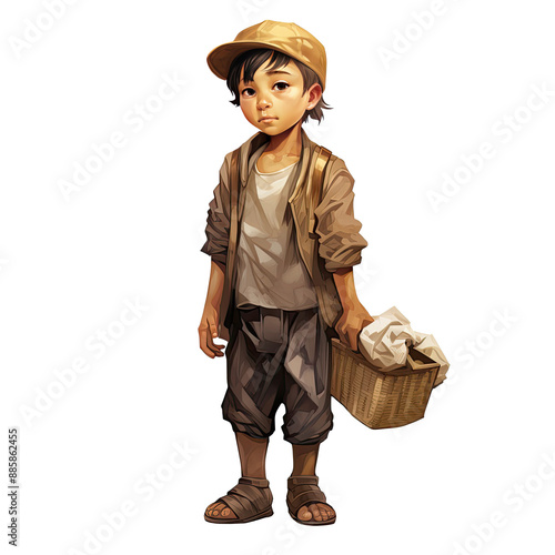 An illustration of a young boy child labor wearing a cap and holding a basket