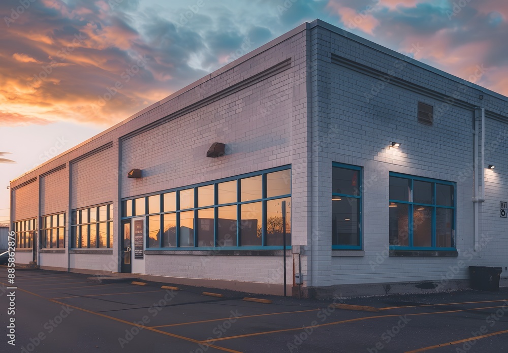 Naklejka premium Modern Industrial Building with Blue Windows at Sunset
