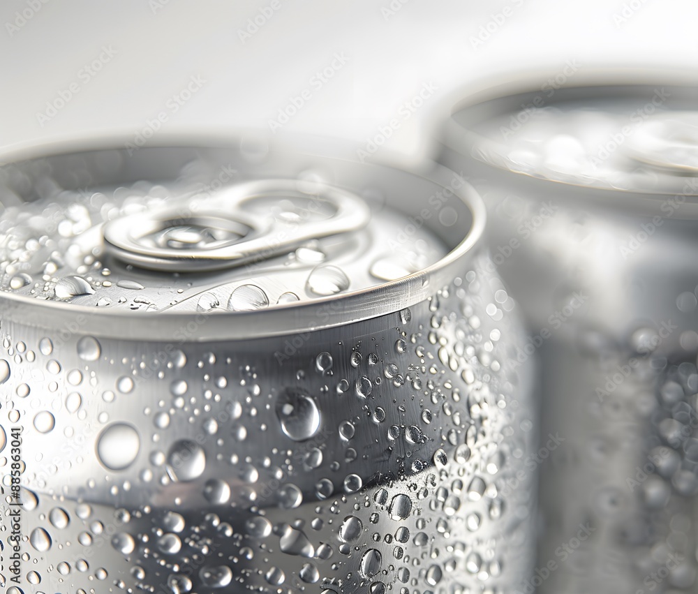 Closeup of Two Silver Soda Cans with Water Droplets Closeup of Two Silver Soda Cans with Water Droplets