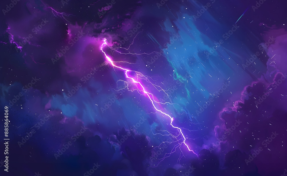 Purple Lightning Bolt Striking Night Sky Purple Lightning Bolt Striking Night Sky