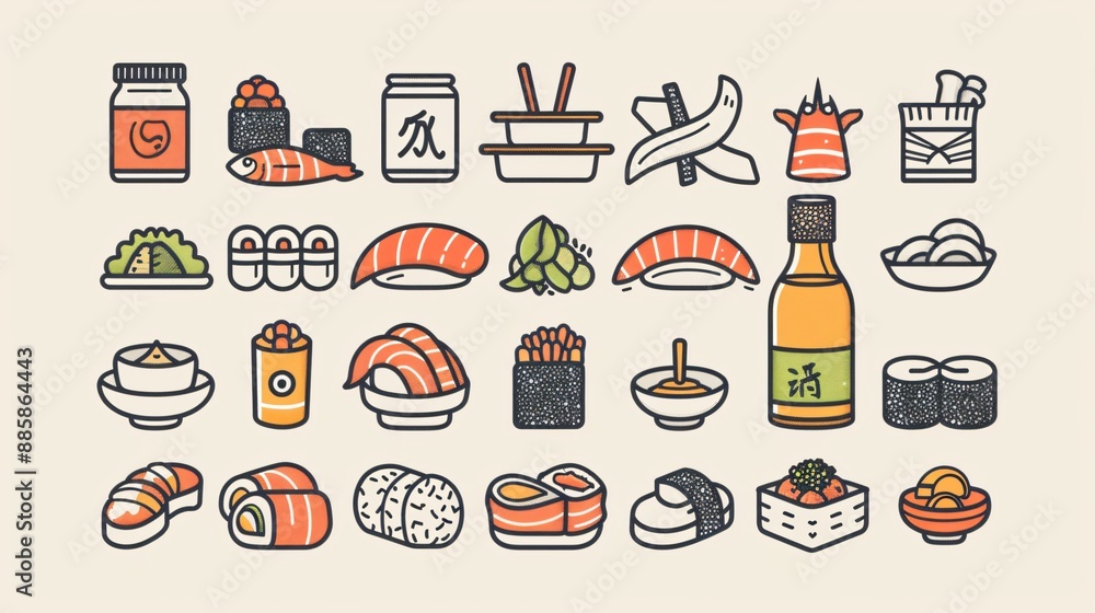 Minimalist Line Art Icons of Sushi and Japanese Cuisine for Asian Food Projects Minimalist Line Art Icons of Sushi and Japanese Cuisine for Asian Food Projects