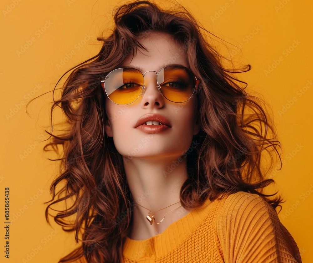 Stylish Woman with Sunglasses Against Bright Orange Background - Modern Fashion and Elegance Stylish Woman with Sunglasses Against Bright Orange Background - Modern Fashion and Elegance