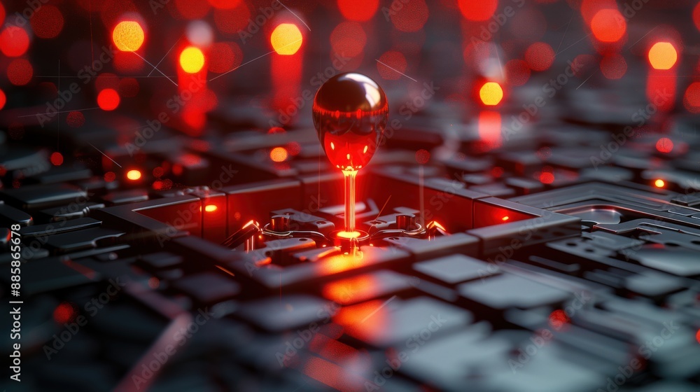 3D rendering of a futuristic red LED on a circuit board, showcasing electronic technology, innovation, and digital connectivity. 3D rendering of a futuristic red LED on a circuit board, showcasing electronic technology, innovation, and digital connectivity.
