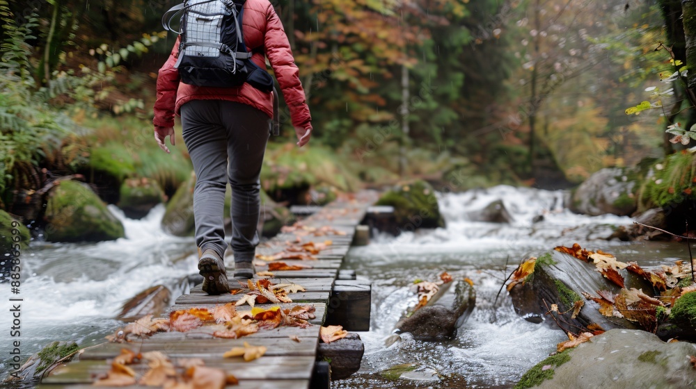 Serene Autumn Hike Hiker Crossing Wooden Bridge Over Bubbling Mountain Stream Serene Autumn Hike Hiker Crossing Wooden Bridge Over Bubbling Mountain Stream