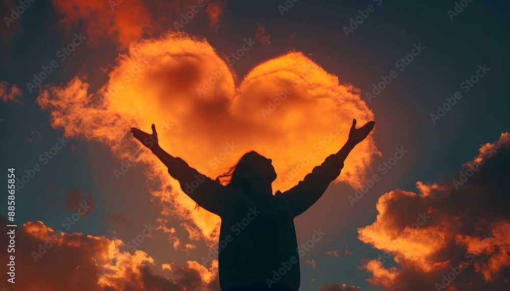 Silhouette of Person Praying to Heart-Shaped Cloud Silhouette of Person Praying to Heart-Shaped Cloud