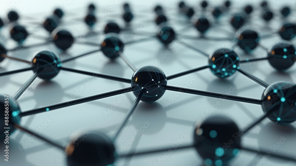 Abstract representation of a network with connected black spheres, symbolizing data, technology, and communication in a digital space. Abstract representation of a network with connected black spheres, symbolizing data, technology, and communication in a digital space.