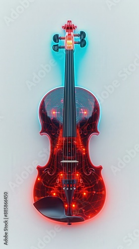 Modern illuminated violin with red and blue LED lights, depicting a fusion of classical music and contemporary technology on white background.