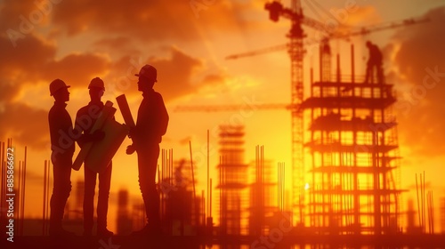 Silhouetted construction workers discussing plans on a site at sunset with cranes and structures in the background.