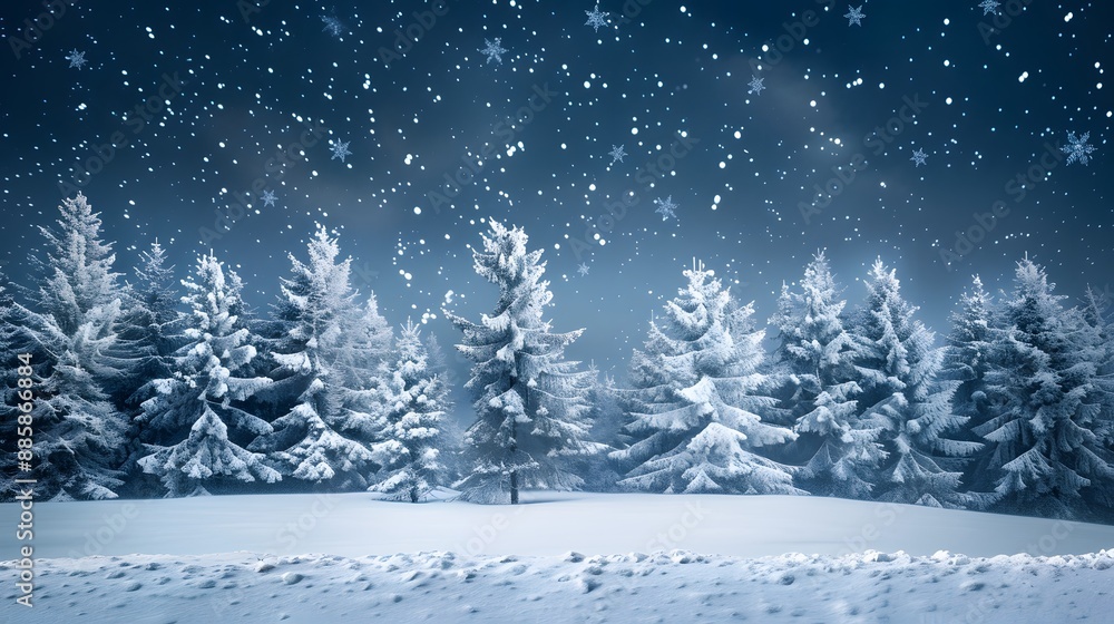 Naklejka premium Snowy Forest Night Landscape with Stars