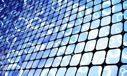 Large led projection screen. Light show on the stage bright blue background. shiny grid with bubbles.