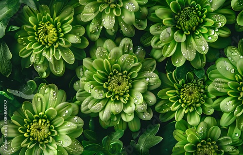 Green Chrysanthemums Dew Drops Floral Background