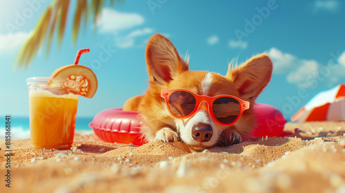 Dog lying on beach sand enjoying summer photo