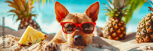 Dog lying on beach sand enjoying summer photo