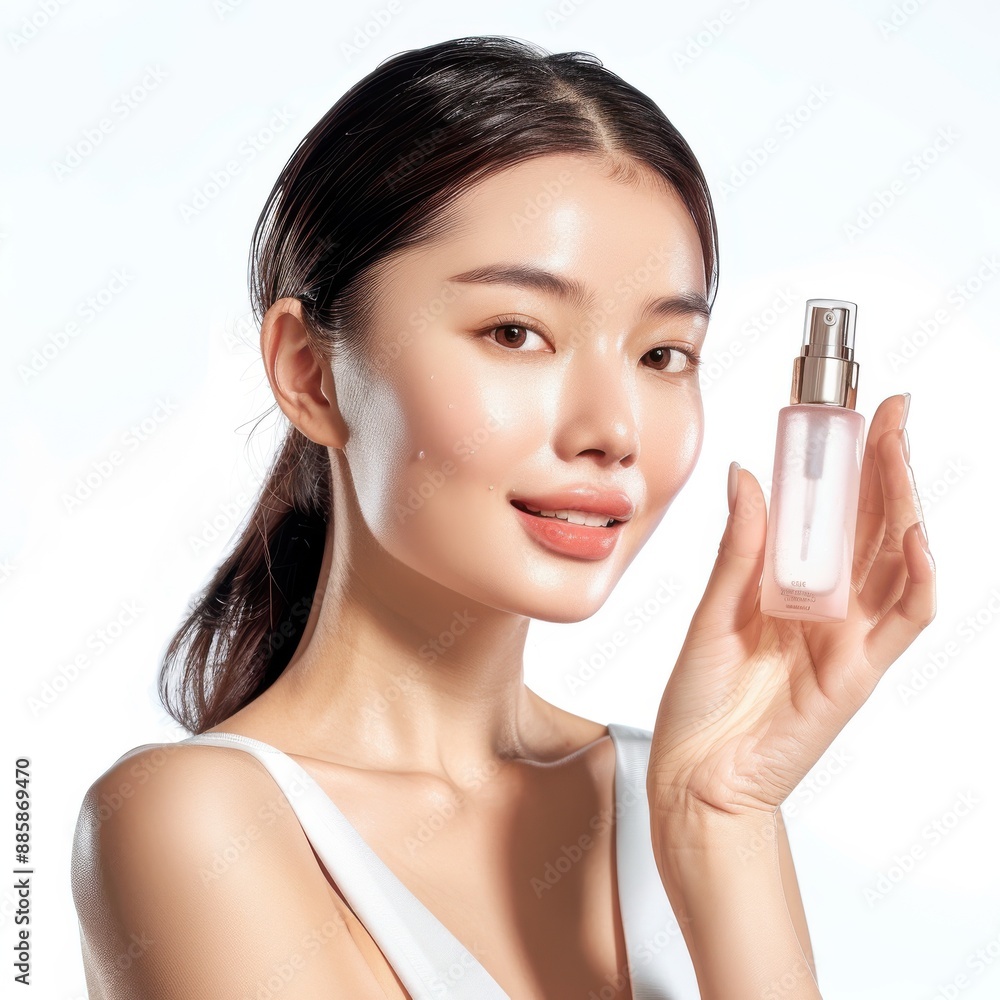 Asian Woman Moisturizing Skin with Facial Mist - Beauty and Skincare Concept