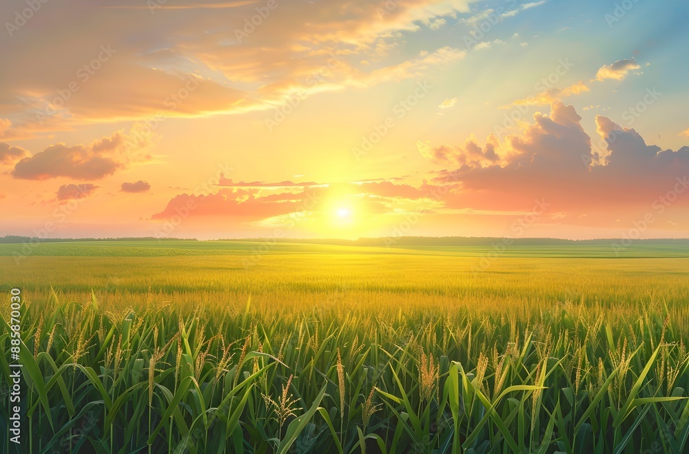 Golden Sunrise Over Cornfield Landscape Golden Sunrise Over Cornfield Landscape