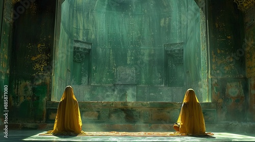 Two Figures in a Mystical Green Chamber photo