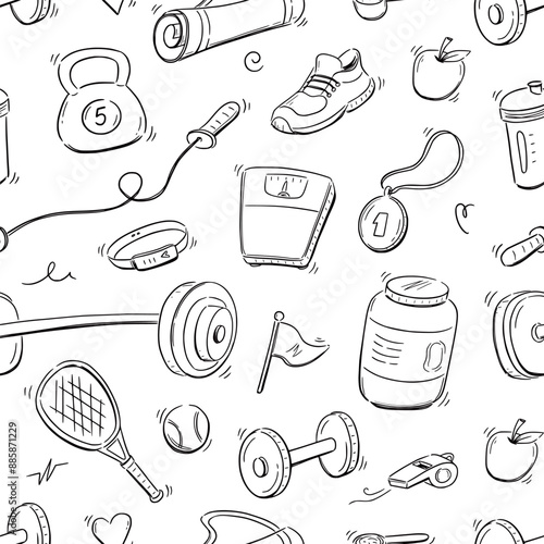 Doodle gym sketch health seamless pattern background. Hand drawn sketch doodle healthy sport, gym fit exercise equipment background. Hand drawn tennis ball, bottle, dumbbell fit. Vector illustration