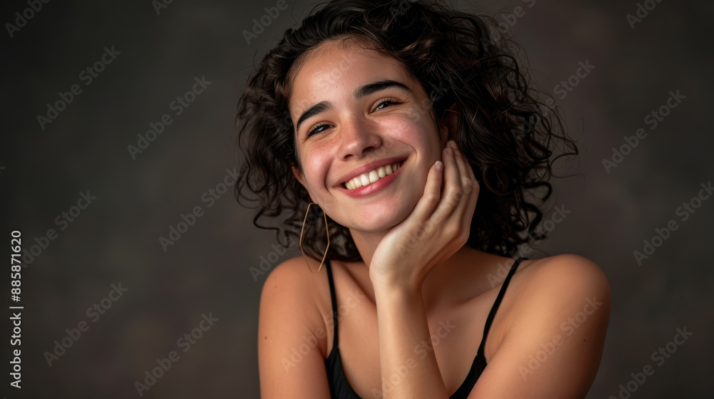A photograph of a smiling woman, engaging pose, hand on chin A photograph of a smiling woman, engaging pose, hand on chin