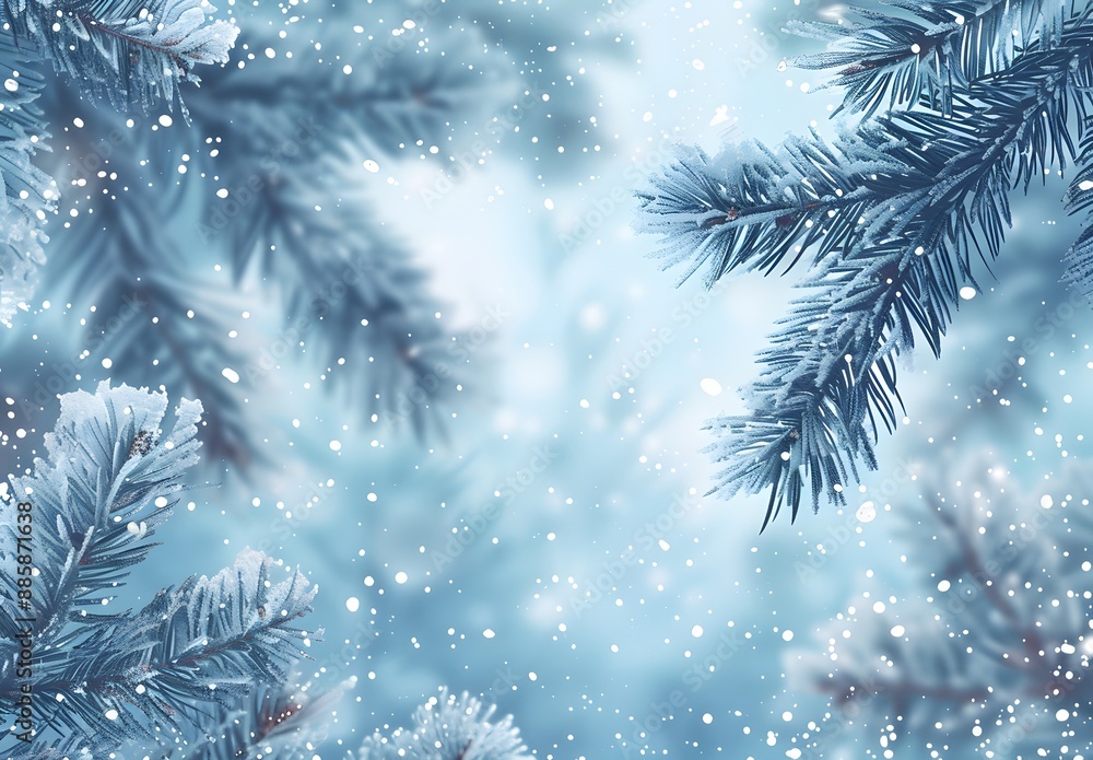 Winter Snowfall Background with Pine Branches Winter Snowfall Background with Pine Branches