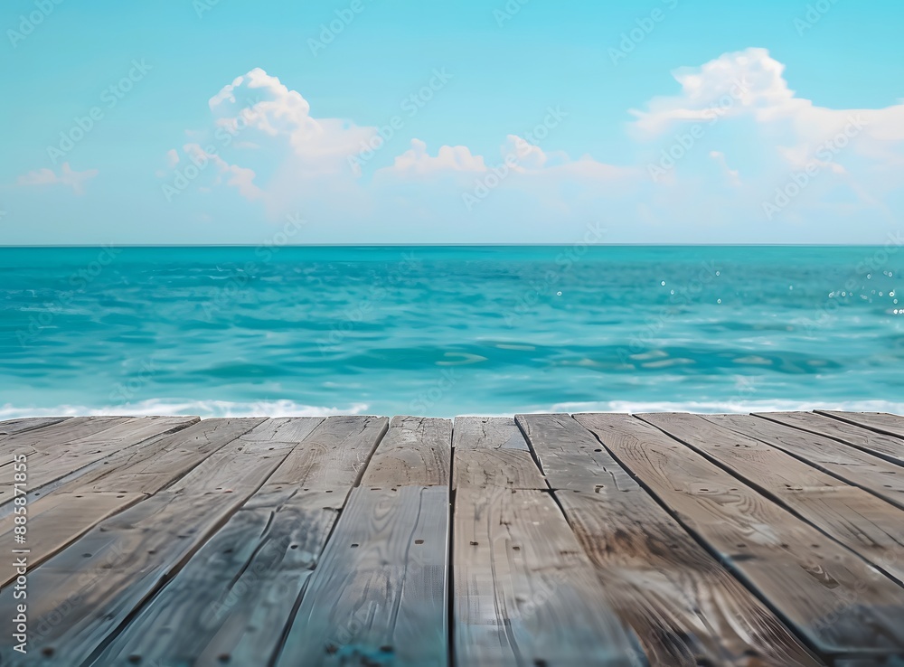 Wooden Deck Overlooking Ocean with Blue Sky Wooden Deck Overlooking Ocean with Blue Sky