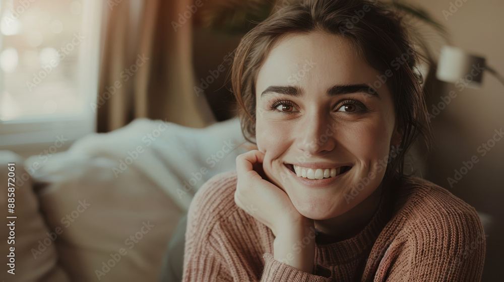 A photograph of a smiling woman, engaging pose, hand on chin A photograph of a smiling woman, engaging pose, hand on chin