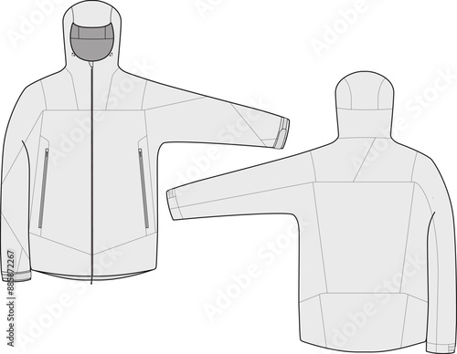 Hooded Hard Shell Ski Jacket Design Vector CAD Template fashion illustration front and back views		