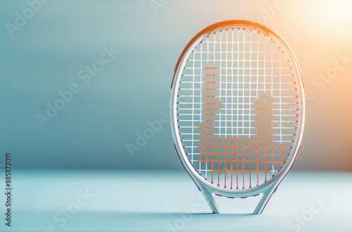 A modern electric bug zapper racket stands on a table against a gradient background, illuminated by a warm light on the right side. photo