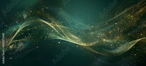 Abstract Green Background With Golden Wave And Glowing Particles
