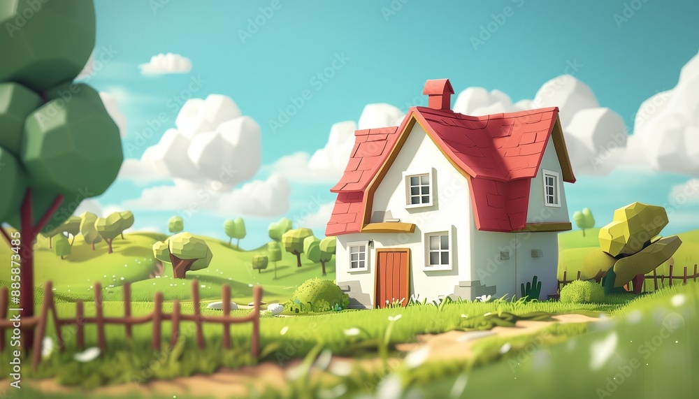 Charming Country House in Serene Countryside, 3D Illustration of Peaceful Rural Landscape with Trees and Clouds Charming Country House in Serene Countryside, 3D Illustration of Peaceful Rural Landscape with Trees and Clouds