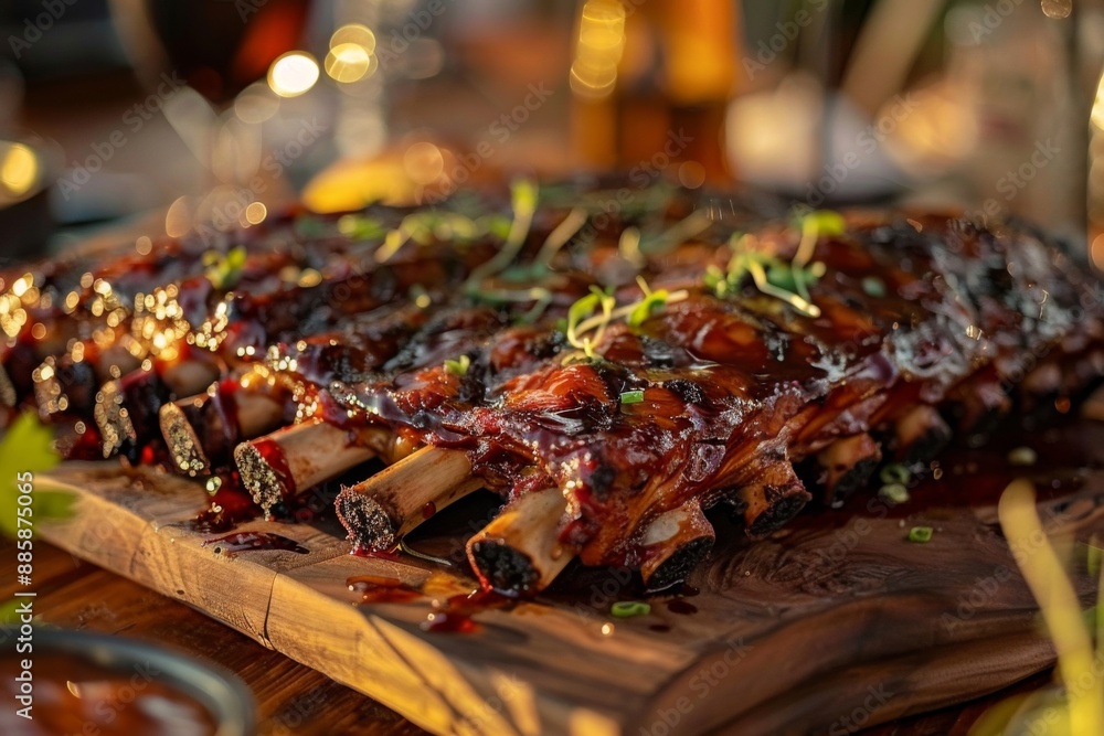 Delicious barbecue ribs, perfectly grilled with a smoky glaze, ideal for summer gatherings and outdoor barbecues, a favorite among meat lovers. Delicious barbecue ribs, perfectly grilled with a smoky glaze, ideal for summer gatherings and outdoor barbecues, a favorite among meat lovers.