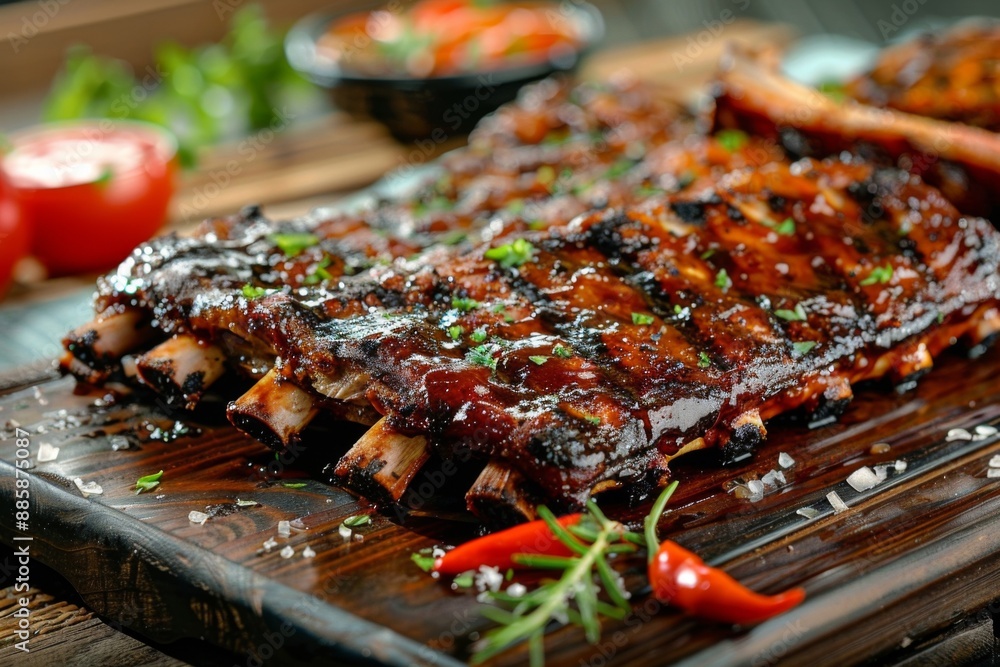 Delicious barbecue ribs, perfectly grilled with a smoky glaze, ideal for summer gatherings and outdoor barbecues, a favorite among meat lovers. Delicious barbecue ribs, perfectly grilled with a smoky glaze, ideal for summer gatherings and outdoor barbecues, a favorite among meat lovers.