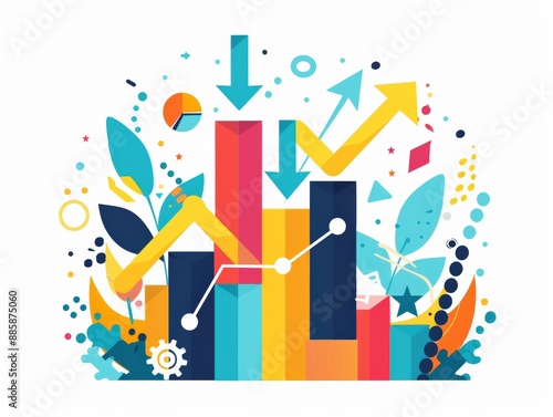 Colorful abstract data analysis illustration with arrows and charts, representing statistical trends, business growth, and performance metrics.