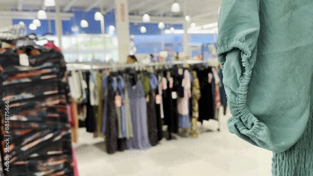 a clothing store with various garments hanging on racks, with a close-up of a green fabric garment in the foreground a clothing store with various garments hanging on racks, with a close-up of a green fabric garment in the foreground