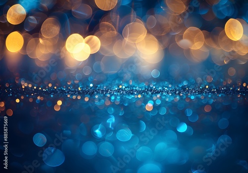Abstract Blue Glitter Background with Bokeh and Light Rays
