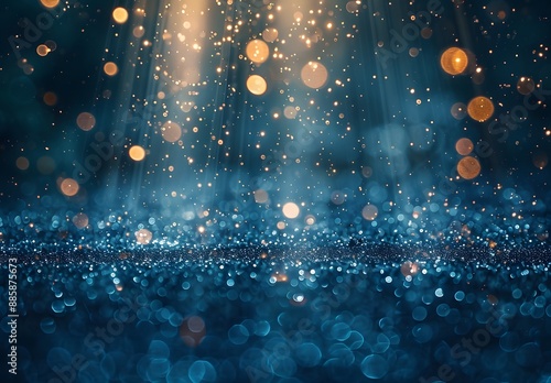 Abstract Blue Glitter Background with Bokeh and Light Rays