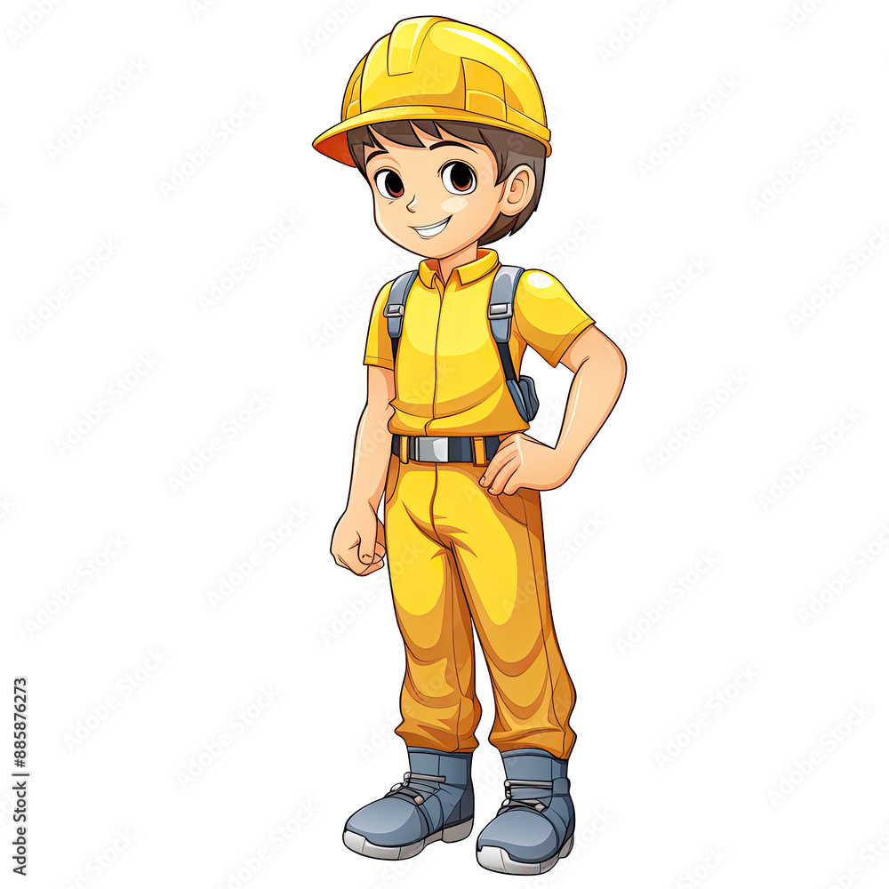 an Illustration of a smiling boy construction worker wearing a yellow helmet an Illustration of a smiling boy construction worker wearing a yellow helmet