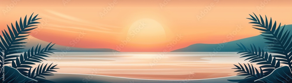 Beautiful sunset over the ocean with palm leaves framing the view, creating a serene and tranquil coastal scene with warm colors. Beautiful sunset over the ocean with palm leaves framing the view, creating a serene and tranquil coastal scene with warm colors.