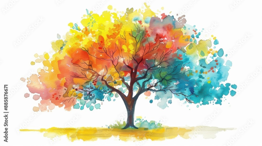 Obraz premium Beautiful watercolor painting of a tree with colorful leaves. Artistic representation of nature, vibrant blend of colors, abstract background.