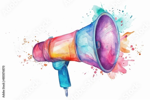 Colorful watercolor illustration of a megaphone with splashes of paint, symbolizing communication, announcement, and creativity. © Newstep
