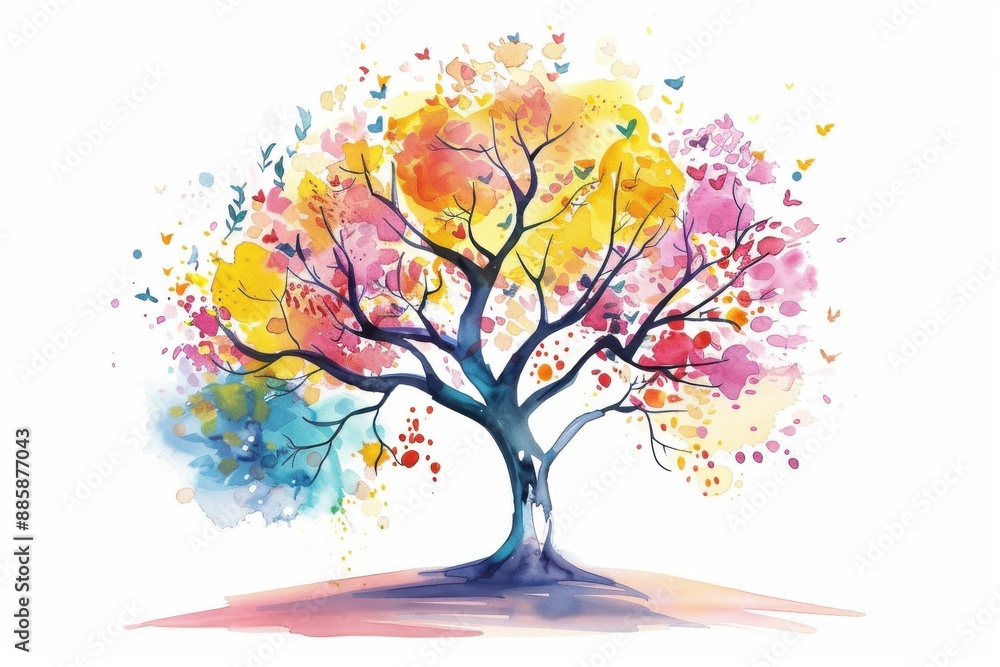 Fototapeta premium Colorful watercolor painting of a vibrant tree with splashes of blue, yellow, and pink hues, representing life and nature's beauty.