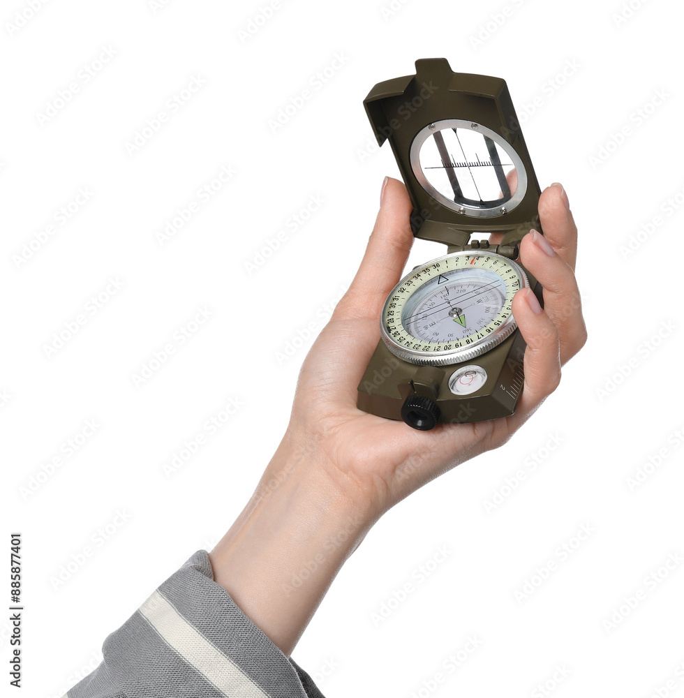 Woman holding compass on white background, closeup Woman holding compass on white background, closeup