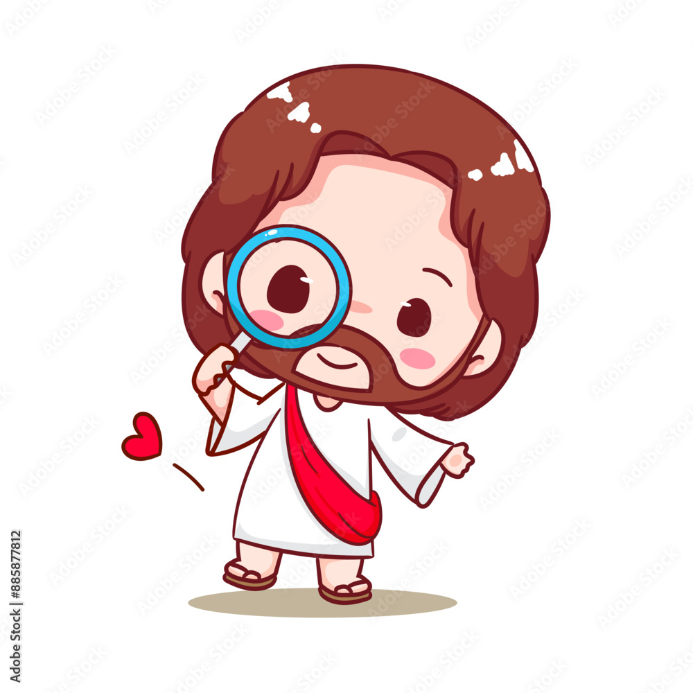 Cute Jesus Holding Magnifying glass Cartoon Vector. Christianity Religion Concept Design. Adorable Chibi Jesus Christ Character Illustration. Isolated White Background. Cute Jesus Holding Magnifying glass Cartoon Vector. Christianity Religion Concept Design. Adorable Chibi Jesus Christ Character Illustration. Isolated White Background.