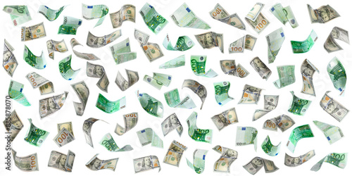 Many dollar and euro banknotes in air on white background